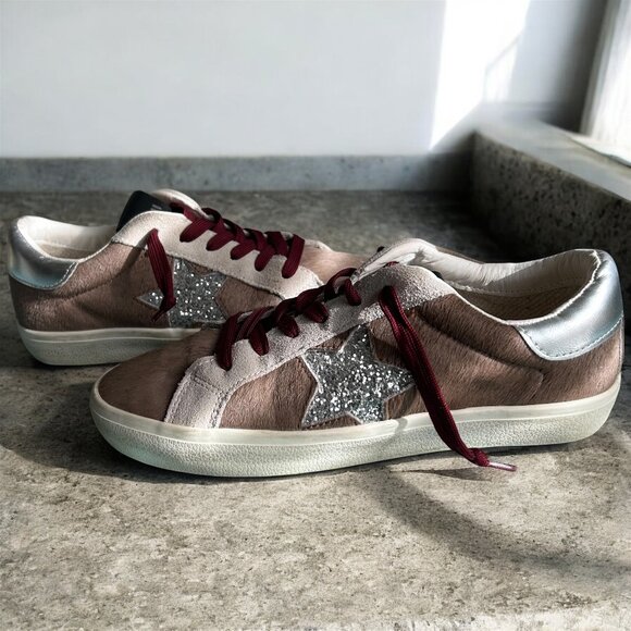 Steve Madden Philo Khaki Multi Silver Star Sneaker Size 9 Pony Hair Low Top - Picture 1 of 9